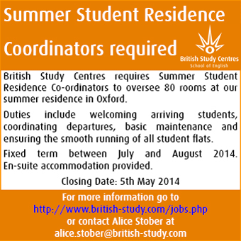 British Study Centres seeks Summer Student Residence Coordinators British Study Centres seeks Summer Student Residence Coordinators