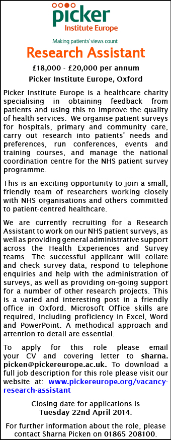 Picker Institute seek Research Assistant Picker Institute seek Research Assistant