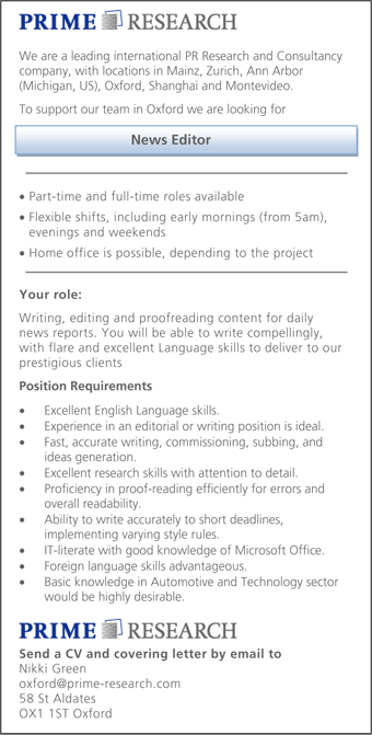 Prime Research seek a News Editor Prime Research seek a News Editor