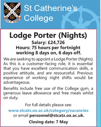 St Catherineâ€™s College seeks Lodge Porter (Nights)