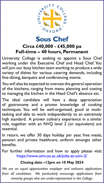University College Oxford seeks Sous Chef
