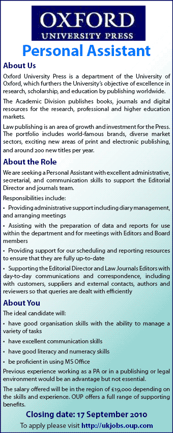 Oxford University Press are hiring a Personal Assistant