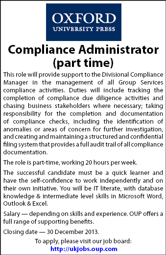 Compliance Administrator required at Oxford University Press Compliance Administrator required at Oxford University Press