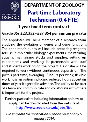 Oxford Department of Zoology seeks Part-Time Laboratory Technician Oxford Department of Zoology seeks Part-Time Laboratory Technician