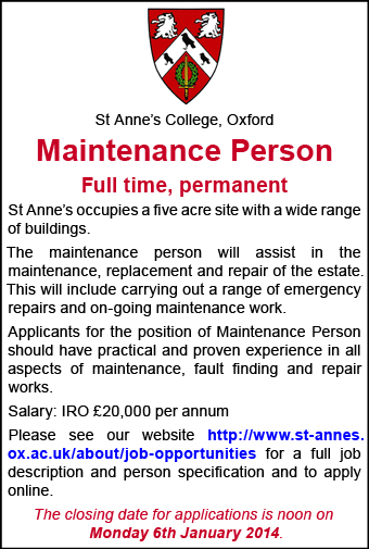 St Anne’s College seek Maintenance Person St Anne’s College seek Maintenance Person