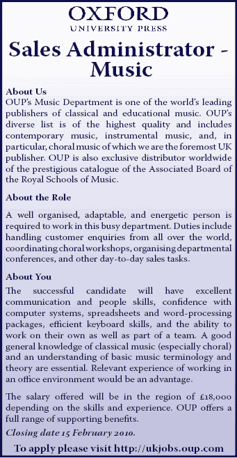 Oxford University Press (OUP) seeks a Sales Administrator for the music department, click to learn more
