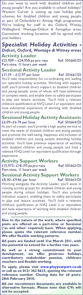 Western Corner requires Activity Leaders, Holiday Activity Assistants & Support Workers