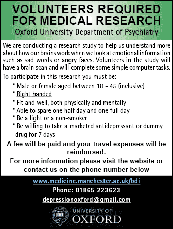 Oxford University Department of Psychiatry seeks Volunteers