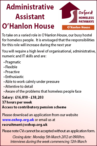Oxford Homeless Pathways seeks Administrative Assistant