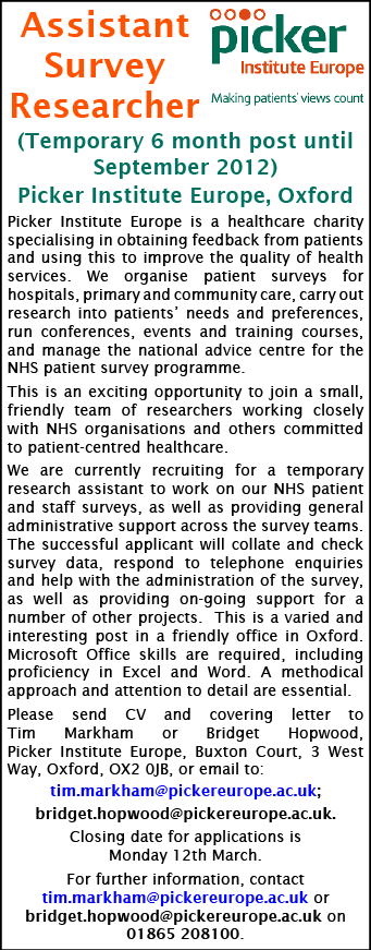 The Picker Institute would like to speak to you about your experience of A&E departments