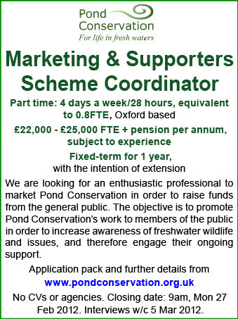 Marketing & Supporters Scheme Coordinator sought for Pond Conservation charity