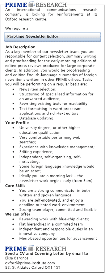 Prime Research seeks Part-time Newsletter Editor