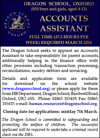 Dragon School seeks Accounts Assistant Dragon School seeks Accounts Assistant