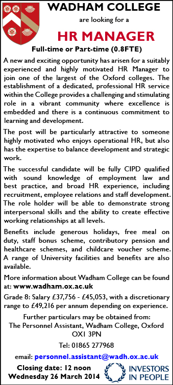Wadham College seeks HR Manager Wadham College seeks HR Manager