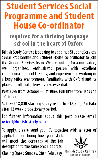 British Study Centres requires Student Services Social Programme and Student House Co-ordinator