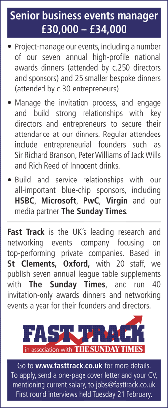 Senior business events manager, £30,000 – £34,000