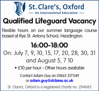 Daily Info, Oxford Jobs: St Clare's Oxford require a Qualified Life Guard for flexible work in July and August