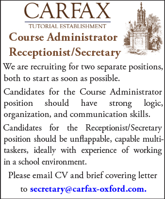 Carfax Tutorial Services seeks Course Administrator & Receptionist/Secretary Carfax Tutorial Services seeks Course Administrator & Receptionist/Secretary