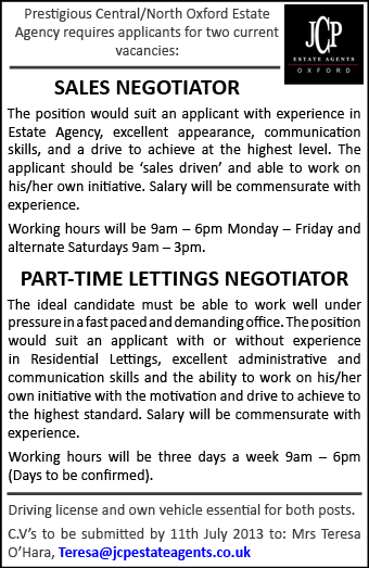 Prestigious estate agency James C Penny requires a Sales Negotiator and a Part-time Lettings Negotiator Prestigious estate agency James C Penny requires a Sales Negotiator and a Part-time Lettings Negotiator