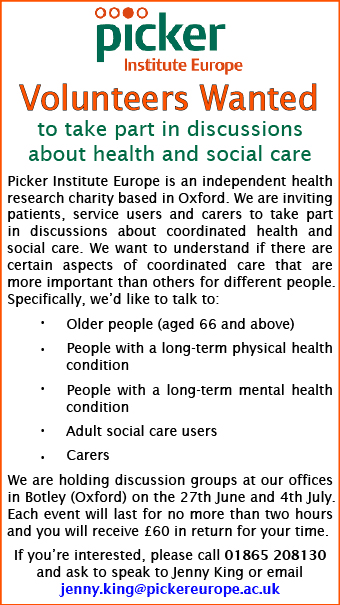 Volunteers wanted to take part in discussions about health and social care. Volunteers wanted to take part in discussions about health and social care.