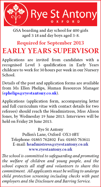 Boarding and day school Rye St Antony seeks qualified Early Years Supervisor for Nursery School Boarding and day school Rye St Antony seeks qualified Early Years Supervisor for Nursery School