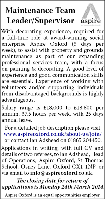 Maintenance Team Leader/Supervisor required full-time at Aspire Oxford Maintenance Team Leader/Supervisor required full-time at Aspire Oxford