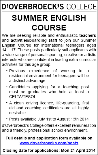 D'Overbroeck's College are seeking reliable and enthusiastic teachers and activities/boarding staff D'Overbroeck's College are seeking reliable and enthusiastic teachers and activities/boarding staff