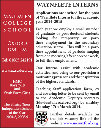 Magdalen College School invite applications for Waynflete Interns Magdalen College School invite applications for Waynflete Interns