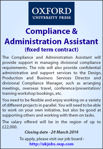 Oxford University Press seek Compliance and Administration Assistant Oxford University Press seek Compliance and Administration Assistant