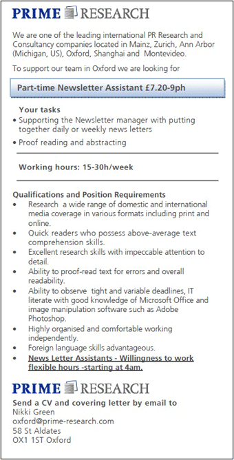 Prime Research seeks Part-time News Letter Assistants Prime Research seeks Part-time News Letter Assistants