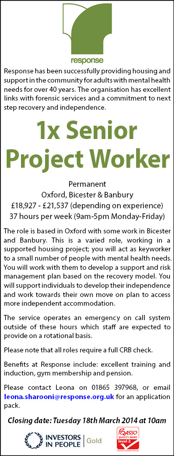 Response Organisation seeks Senior Project Worker Response Organisation seeks Senior Project Worker