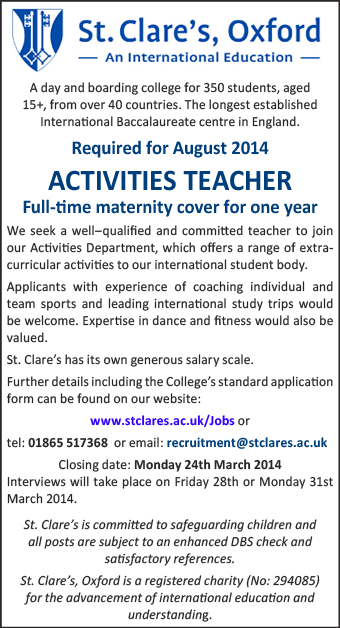 St Clare's, Oxford, seeks an Activities Teacher St Clare's, Oxford, seeks an Activities Teacher