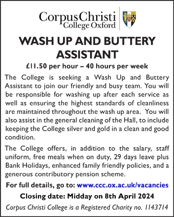 Corpus Christi College seeks Wash Up and Buttery Assistant