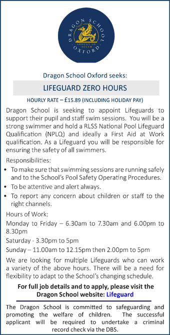 Dragon School seeks a Lifeguard Zero Hours