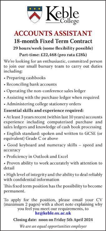 Accounts Assistant Wanted at Keble College