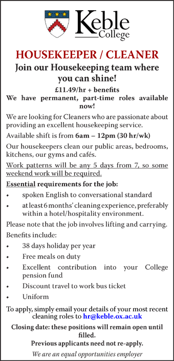 Housekeeper / Cleaner Wanted at Keble College