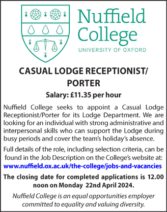Casual Receptionist/Porter vacancy at Nuffield College