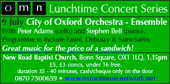 Daily Info, Oxford Events: OMN Lunchtime Concert series, Thu 9th July, City of Oxford Orchestra