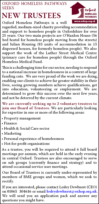 Oxford Homeless Pathways Seeks NEW TRUSTEES. Help support the homeless people of Oxfordshire.