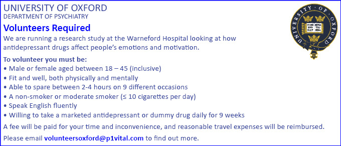 Volunteers required to take a marketed antidepressant or placebo for 9 weeks