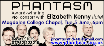 Phantasm, the award-winning viol consort, in concert Tue 5th June at Magdalen College Chapel