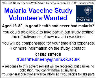 Malaria Vaccine Study Volunteers Wanted, Oxford University