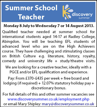 Discovery Summer seeks a Summer School teacher for EFL student at a high level at Rugby College Discovery Summer seeks a Summer School teacher for EFL student at a high level at Rugby College