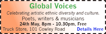 Global Voices, 24th May, 8pm, Music, Poetry, Open Mic