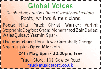 Global Voices, 24th May, 8pm, Music, Poetry, Open Mic