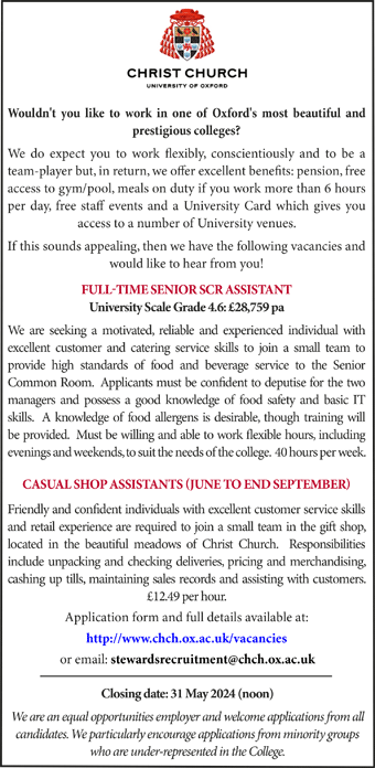 Christ Church, Oxford seek Multiple Roles: Full-Time Senior SCR Assistant & Casual Shop Assistants 