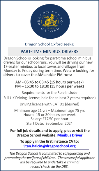 Dragon School seeks part-time Minibus Drivers