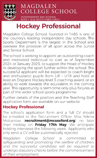 Magdalen College School seeks Hockey Professional
