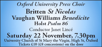 Daily Info, Oxford Events: OUP Choir sing Britten, Vaughan Williams & Holst, Sat 22 November