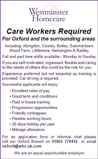 Care workers required by Westminster Homecare near Oxford and Oxfordshire Care workers required near Oxford and Oxfordshire